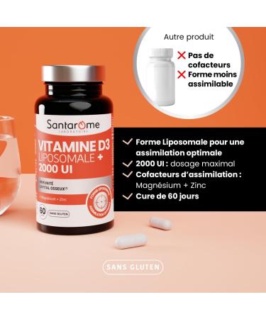 Santarome - Vitamine D3 Liposomale 2000 UI Immunit & Capital Osseux Avec Magn sium & Zinc Haute Assimilation Vegan Sans Gluten 2 mois Fabriqu en France - Buy Online on GoSupps.com
