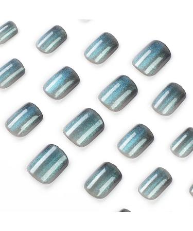 Short Holographic Blue False Nails - 24PC Press On Nails with Glue Stickers | Elegant Touch for Women - Perfect for Party or Daily Wear (JP1314) - Buy Online on GoSupps.com
