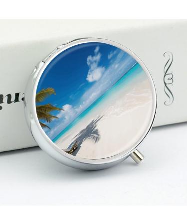 Round Pill Box - Tropical Beach Print | 3 Compartment Portable Medicine Organizer | Decorative Metal Pocket Pill Case - Style 30 - Buy Online on GoSupps.com