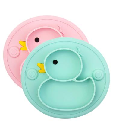 Baby Suction Plates Non-Slip Feeding Plate for Toddlers Babies Kids with Suction Cups Fits Most Highchair Trays BPA-Free FDA Approved Dishwasher and Microwave Safe (Cyan/Rose Duck)