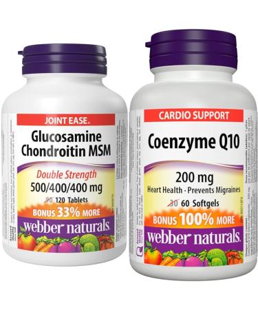 Webber Naturals Glucosamine Chondroitin MSM & Coenzyme Q10 (CoQ10) 200mg High Potency Antioxidant Non-GMO Gluten Free 60 softgels for Heart Health and Cellular Energy Production