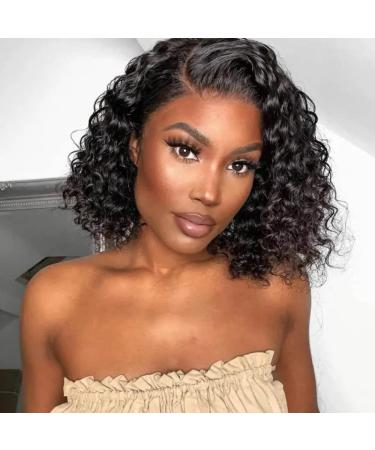 LASOOA 180% Density Short Curly Bob Human Hair Wigs for Women 13x4 HD Transparent Water Wave Lace Front Wigs Wet and Wavy Glueless Frontal Wigs Human Hair Pre Plucked with Baby Hair (Natural Color 12 Inch) 12 Inch Curly ...