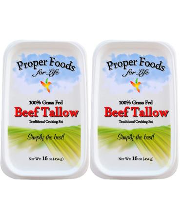 Proper Food's 100% Grass-Fed Beef Tallow - Pasture Raised - for Cooking, Baking and Frying - 16 oz (Pack of 2) 1 Pound (Pack of 2)