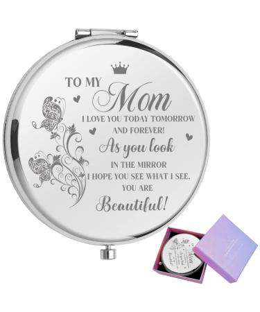 JCHCAMRY to My Mom Gift Travel Pocket Cosmetic Engraved Compact Makeup Mirror with Gift Box Daughter Son to Mom Christmas Valentine's Day Birthday Mother's Day Thanksgiving Gifts(Sliver)
