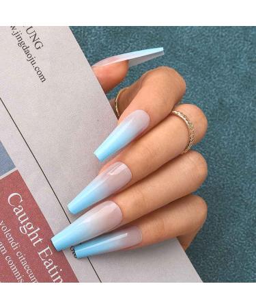 Sethexy Glossy Ballerina Fake Nails - Long Coffin Gradient Light Blue Acrylic Press-On Nail Tips for Women & Girls - 24pcs - Buy Online on GoSupps.com