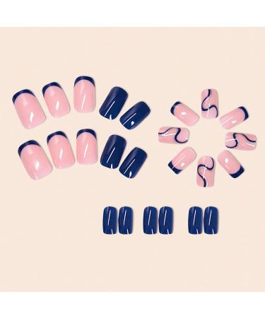 Short Square Press on Nails - Dark Blue French Tip Glitter Glossy Acrylic Fake Nails - 24 Pcs Medium Full Cover Design for Women & Girls - Buy Online on GoSupps.com