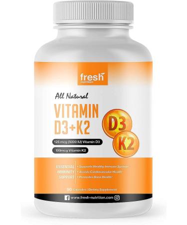 Vegan Vitamin D3 (5000iu/125mcg) + Vitamin K2 (100mcg as MK-7) for Optimal Absorption (90 Capsules 5000iu Each - 3 Month Supply) - Plant Based Vitamin D3 K2 Supplement - Non GMO Gluten Free - ADULTS