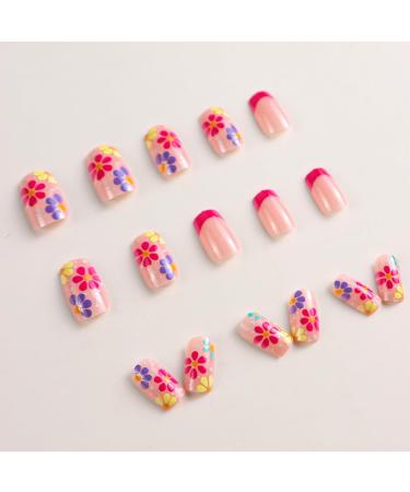 Hot Pink French Flower Press on Nails - 24Pcs Full Cover False Nails with Glue for Women & Girls | Square Stick on Nails - Buy Online on GoSupps.com