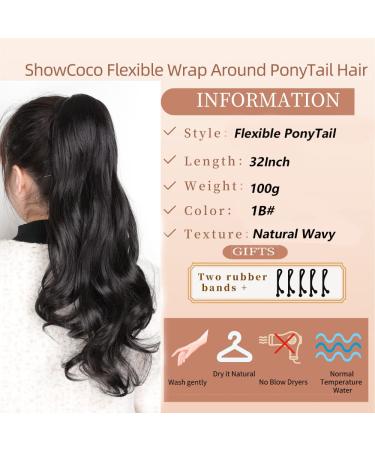ShowCoco 32 Inch Flexible Wrap Around Ponytail Extension - Long Curly Synthetic Hairpiece for Women - 1B Color (100g) - Buy Online on GoSupps.com