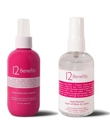 12 Benefits Instant Healthy Hair Treatment & Rapid Blowout Argan Oil Spray Set - Smooths Frizz Strengthens Repairs Damaged Hair Nourishes Adds Shine & Softens Damaged Hair
