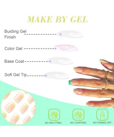 French Tip Press On Nails Short with White Flower Design | Yellow Green French False Nails | Spring Acrylic Stick On Nails for Women - Buy Online on GoSupps.com