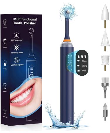 Tooth Polisher Tooth Whitening Kit for Teeth Cleaning and Whitening Rechargeable Teeth Polisher for People/Pets Teeth Cleaning Kit with 5 Brush Heads 3 Speed Modes Waterproof(Blue)