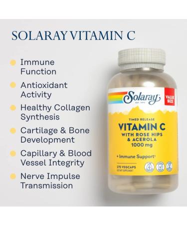 Solaray Vitamin C 1000mg Timed Release Capsules with Rose Hips & Acerola Bioflavonoids | High Absorption Formula for All Day Immune Support | 275 Count (60-Day Guarantee) - Buy Online on GoSupps.com