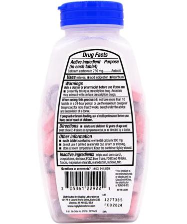 Rugby Calcium Carbonate 750mg Antacid - Assorted Berry Flavor | 96 Chewable Tablets - Buy Online on GoSupps.com