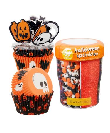 Halloween Cupcake Decorating Kit - Kit Includes 48 halloween themed cupcake liners 24 Skull Bat and Pumpkin cupcake toppers and Sprinkle Mix Featuring 6 Different Halloween Sprinkles!
