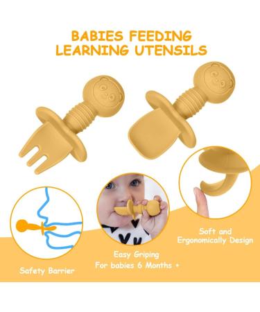 Vicloon Baby Fork and Spoon Set - 4Pcs Silicone Self Feeding Utensil for Easy Grip | Toddler Cutlery Kit for Infant & Children | First Led Training & Weaning Spoons - Apricot Yellow - Buy Online on GoSupps.com