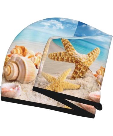 Quick-Dry Hair Towel Wrap with Button | Soft Towel Turban for Easy Hair Drying - Beach Starfish Shell Design - Buy Online on GoSupps.com
