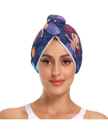 Cute Mermaid Fish Hair Towel 2 Pack Super Absorbent Hair Drying Towel Quick Dry Hair Turbans Head Towel with Button Twisty Wrap for Women Girls