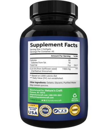 Natures Craft Pure CLA Weight Loss Supplement | 1000mg Safflower Oil Softgels | Conjugated Linoleic Acid Complex for Metabolism Boost and Belly Fat Burn | 90 Count - Buy Online on GoSupps.com