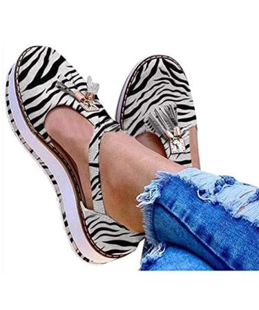 Creev sandals for women platform tassel leather sandals closed toes buckle shoes fashionable with fringes comfortable for summer new (beige 38 EU) zebra 35 EU