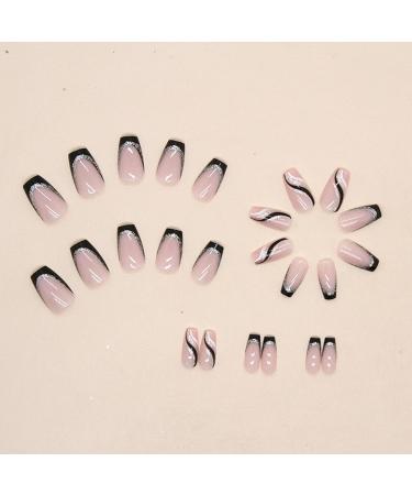 24Pcs Pink Ballerina French Press On Nails Medium Coffin False Nails - Removable Glue-on Fake Nails for Women - Black Acrylic Full Cover Nail Art Accessories - Buy Online on GoSupps.com