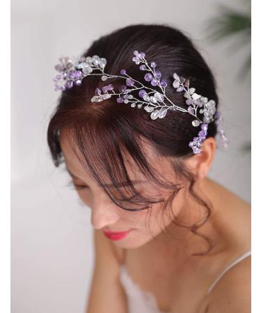 Denifery Purple Bridal Wedding Hair Vine Purple Natural Stone Hair Vine Crystal Headpieces Bride Hair Accessories for Women and Girls