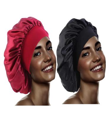 Extra Large Satin Bonnets for Sleeping  Wide Elastic Band Sleep Caps for Women  Satin Cap for Sleeping  Night Sleeping Head Cover for Long Hair  Hair Bonnets for Men Women Braids Curly Hair L-red and Black