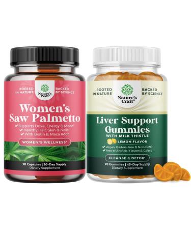Bundle of Extra Strength Saw Palmetto for Women 500mg - Hair Vitamins with Maca Root & Biotin and Herbal Liver Detox Gummies - Milk Thistle with Artichoke Extract Turmeric Curcumin & L-Carnitine