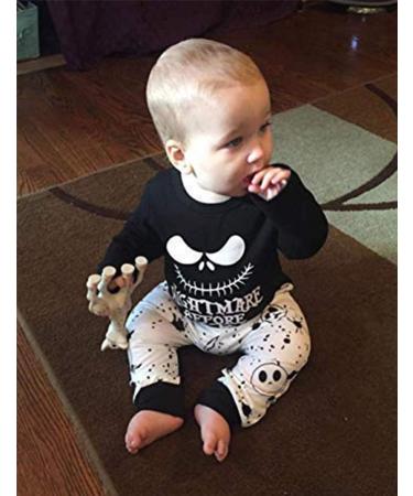 DaceStar 2PCs Newborn Baby Clothes Set | Long Sleeve Letter Print T-Shirt + Skull Pants | Nightmare Before Pajamas Claus | Black | 0-6 Months - Buy Online on GoSupps.com
