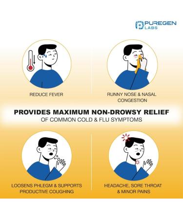 Puregen Labs Non-Drowsy Cold & Flu Medicine for Adults | Multi-Symptom Relief (50 Softgels) - Severe Congestion Headache Sore Throat Fever Aches & Pains (Daytime - Buy Online on GoSupps.com