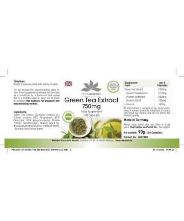 Green Tea Extract Capsules 750mg - Vegan 100 Caps with 50% EGCG | High Dose - Herbadirekt by Warnke Vital - German Quality - Buy Online on GoSupps.com