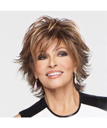 SENHORAS Dark Brown Mixed Blonde Pixie Cut Wig for White Women - Short Wavy Synthetic Hair with Bangs and Highlights - Buy Online on GoSupps.com