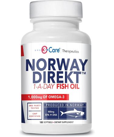 Norway Direkt Omega-3 Fish Oil 3,000mg Fish Oil Concentrate | 1060mg EPA, 740mg DHA (2 Soft-Gel Serving) Pharmaceutical Grade (180 Softgels)