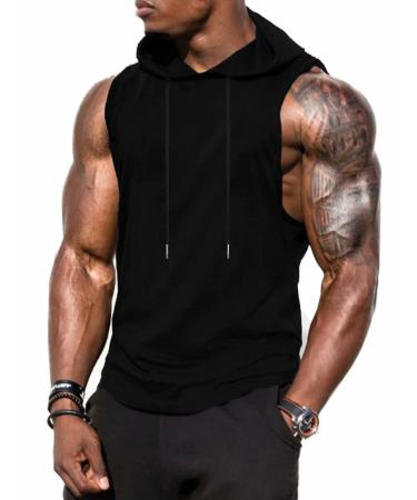 Babioboa Men's Workout Hooded Tank Tops Sports Training Sleeveless Gym Hoodies Bodybuilding Cut Off Muscle Shirts Large Black