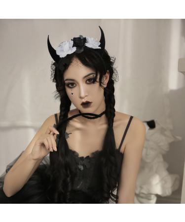 Lurrose Devil Horn Hair Band Gothic Rose Headband Black Devil Horn Headpiece Mexican Flower Hair Hoop Halloween Party Headwear Headress Party Props (Black Grey) - Buy Online on GoSupps.com