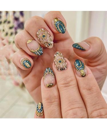 Mouyouglow Press on Nails Kurz Almond Gold Flower French Gr n Tips Fake Nails with nail glue almond Green Art Design Artificial fingernails L4