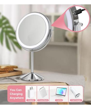 Kirkcaldy Lighted Makeup Mirror with 10X Magnification, LED Vanity Mirror, 3 Color Lights - Rechargeable, Double Sided Desk Cosmetic Mirror - 360 Rotation, Touch Screen - Buy Online on GoSupps.com
