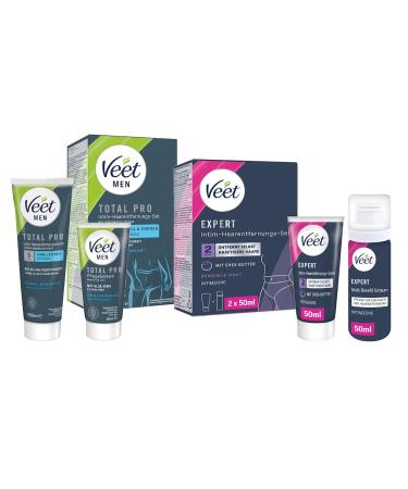 Veet Veet Expert/Men Intimate Hair Removal Kit for Him and Her Hair Removal Cream for the Intimate Area with Multi-Benefit Foam 2 Tubes of 50 ml and 100 ml of Care Balm for Men