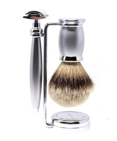 Edwin Jagger Bulbous Chrome 3 Piece DE Set With Silver TIp Brush (Chrome-Satin)
