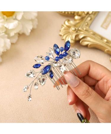 Silver Rhinestone Bridal Hair Comb with Blue Crystal - Elegant Wedding Hair Accessories for Women and Girls - Buy Online on GoSupps.com
