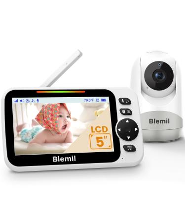 Blemil Baby Monitor with 30-Hour Battery 5" Large Split-Screen Video Baby Monitor with Camera and Audio Remote Pan/Tilt/Zoom Camera Two-Way Talk Night Vision Lullabies No WiFi BL9052