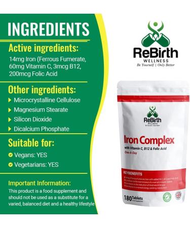 High Strength Iron Supplements with Vitamin C, B12, and Folic Acid - 180 Tablets | Made in the UK | Rebirth Wellness - Buy Online on GoSupps.com
