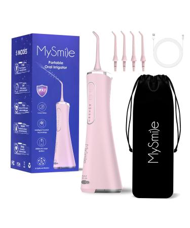 MySmile Water Dental Flosser for Teeth Cordless Oral Irrigator 5 Cleaning Modes 4 Replaceable Jet Tips IPX 7 Waterproof USB Rechargeable Water Dental Picks for Teeth Cleaning with PU Bag Pink