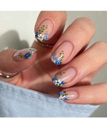 NICENEEDED Short Blue Flower Press on Nails French Floral Leaf Square Glossy Acrylic Nails Stick on Nails Spring Summer Nude Full Cover False Nails with Jelly Glue for DIY Nail