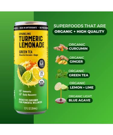 Golden Tiger Organic Sparkling Turmeric Lemonade with Green Tea - 12 Cans | Bio Active Curcumin + Ginger | Plant Based Immunity & Recovery Support - Buy Online on GoSupps.com