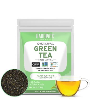 HANDPICK, Green Tea Loose Leaf (255g/9oz) 100+ Cups | Non-GMO, Premium Loose Leaf Green Tea Leaves Sourced from Himalayas | Detox Tea, Rich in Nutrition, Antioxidants | Resealable Ziplock Pouch