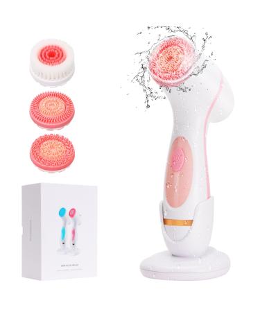 Facial Cleansing Brush Electric Face Scrubber with 3 Brush Heads for Cleansing and Exfoliating 3 in 1 Waterproof Rechargeable Face Cleansing Brush for Dry Oily Sensitive Skin (Pink)