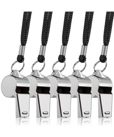 FineGood 5 Packs Stainless Steel Whistle, Loud Metal Whistle with Lanyard for Referees Coaches Lifeguards Survival Emergency Football Basketball Soccer Hockey silver