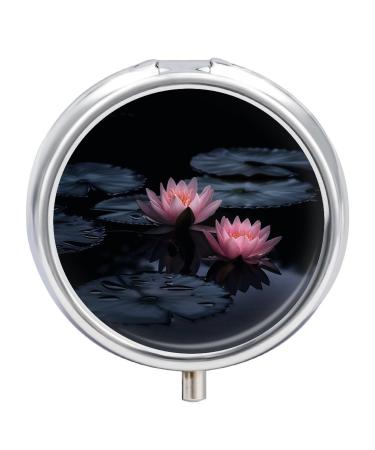 Pill Box Pill Case 3 Compartment Travel Pill Box Two Red Water Lilies Printing Small Pill Box Portable Medicine Pill Case Pill Organizer for Purse & Pocket for Travel Handbag (Round)