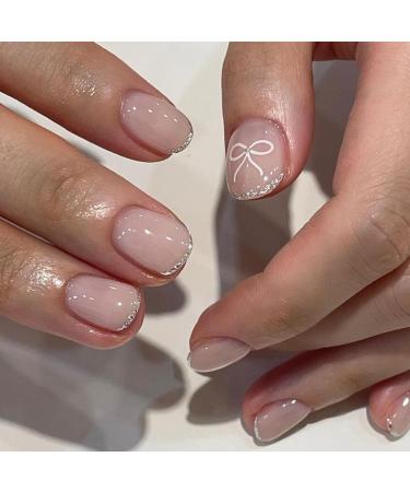SINLOV Short Square Fake Nails Flower Glossy Press on False Nails Pink Nude French Full Cover False Nails for Women and Girls
